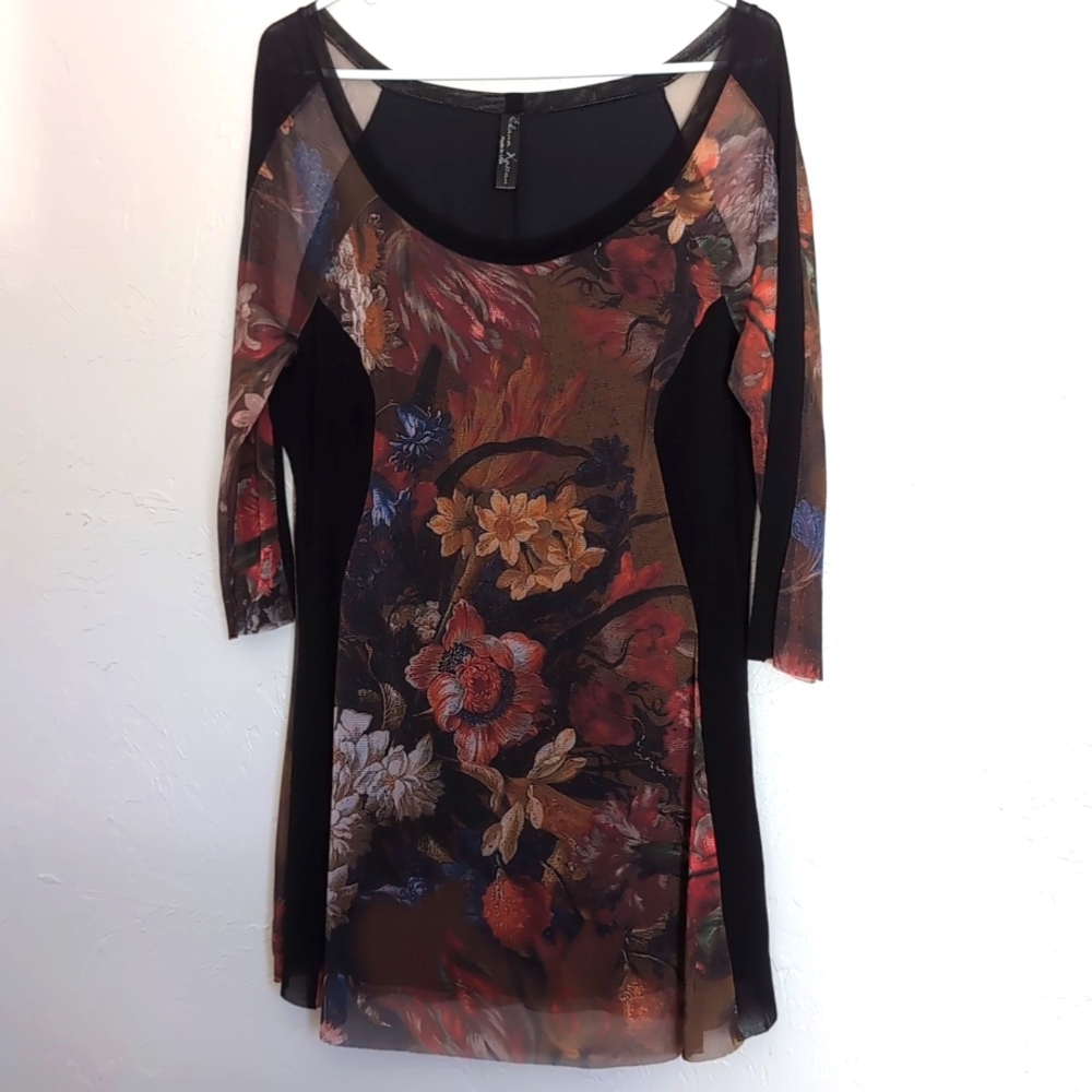 Elana Kattan Gauzy Three Quarter Sleeve Floral Print Top Women's Size XL